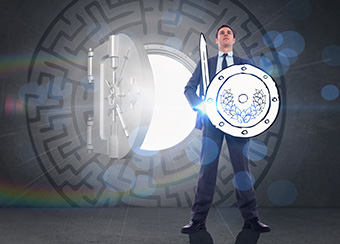 Image of business man holding a sword and shield in front of a vault